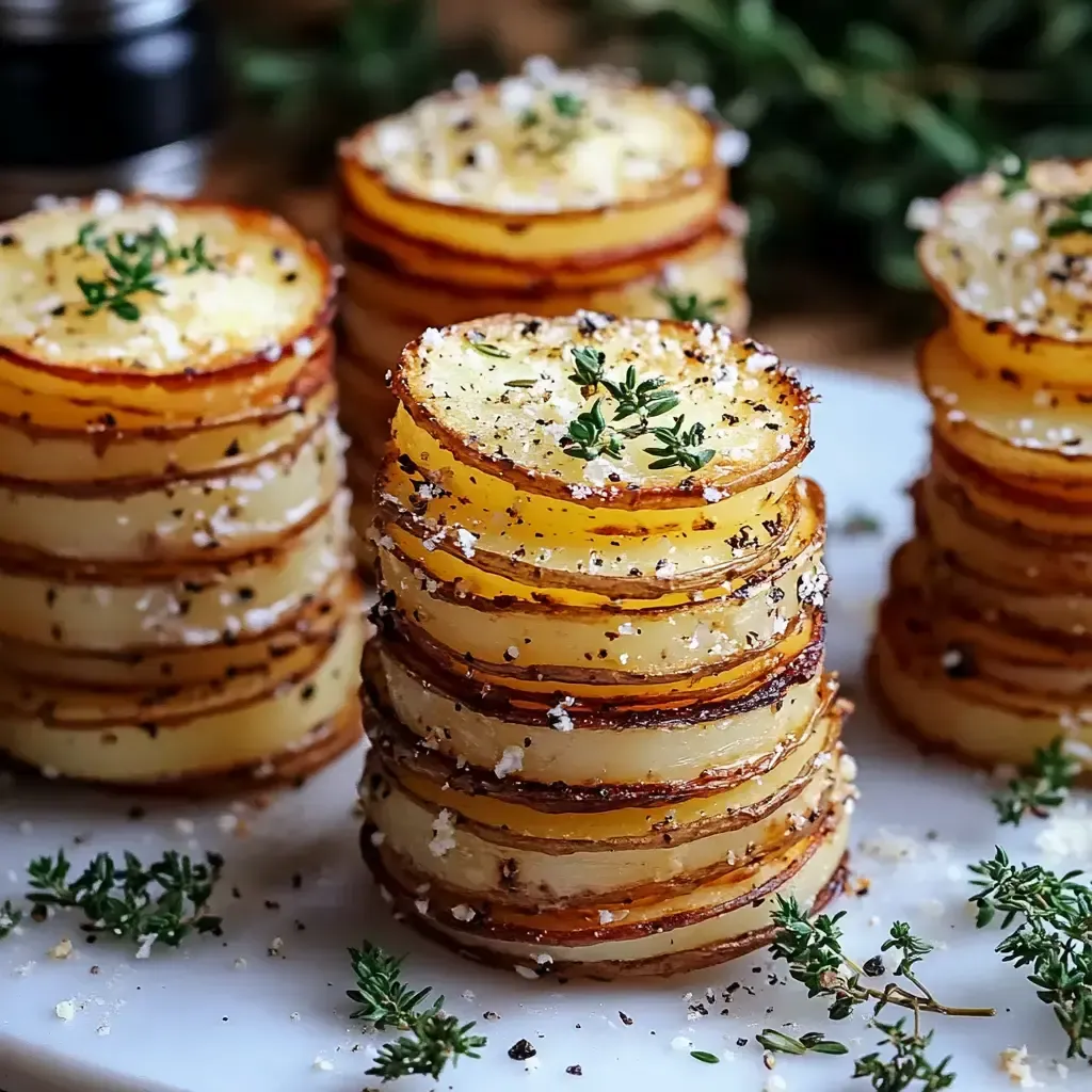 Three stacks of potatoes with salt on top.